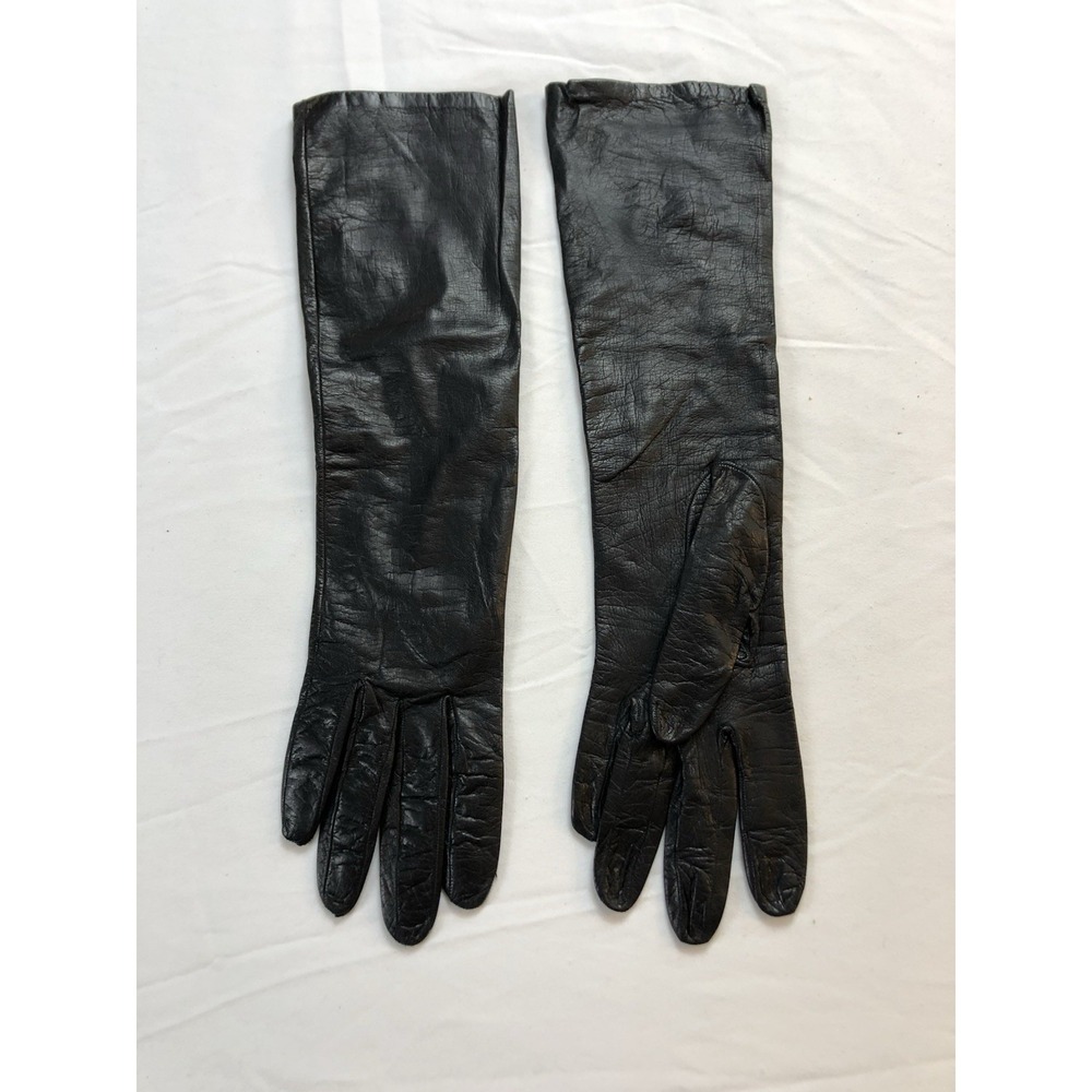 Vintage Saks Fifth Avenue Black Leather Opera Gloves Silk Lined Made France 6.5